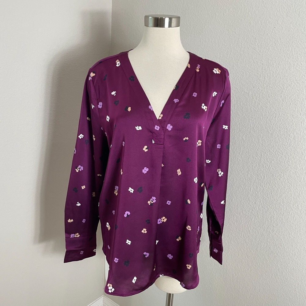 Ann Taylor Womens Large Floral Mixed Media Pleat Front Top Long Sleeve Blouse